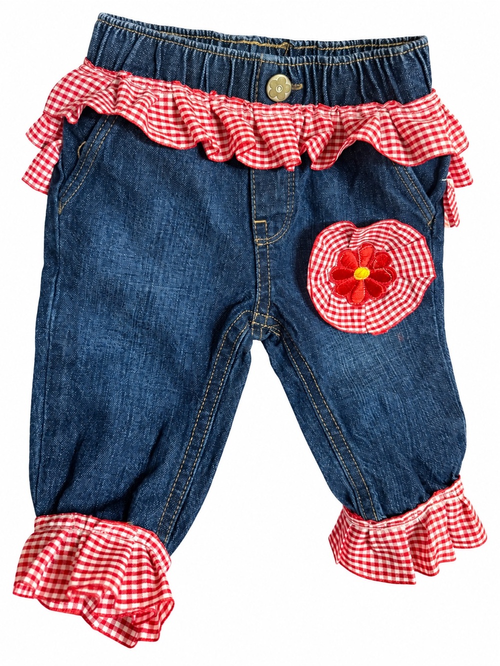 Girls Denim Up-Cycled Ruffle newborn pants with Red Gingham Trim